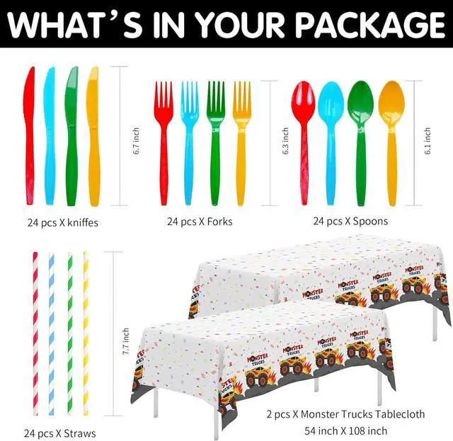 Alt view image 3 of 7 - APOWBLS Monster Truck Birthday Party Supplies, Monster Theme Jam Party Decorations Tableware, Paper Plates and Napkins Set, Cup, Tablecloth, Disposable Cutlery, Straw | Serves 24