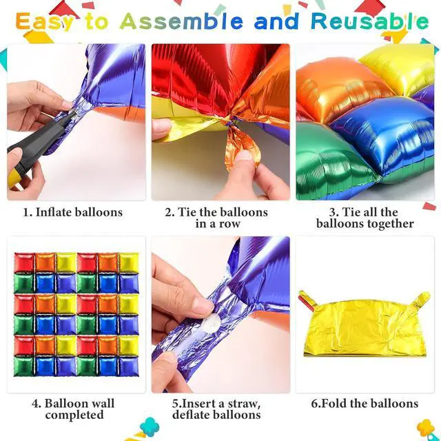 Alt view image 2 of 7 - 36 Pcs Rainbow Birthday Decorations Balloons Brick Square Foil Balloon Wall Backdrop Arch Kit Double Sided Metallic for Cartoon Video Game Party Supplies(Red Yellow Blue Green Orange Purple)