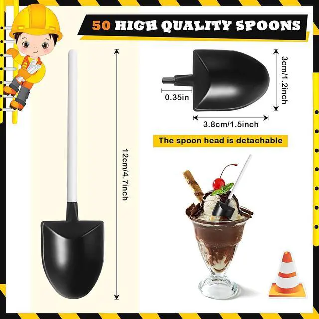 Alt view image 2 of 6 - 128 Construction Party Decoration, Include 50 Mini Novelty Disposable Plastic Shovel Shape Dessert Spoon, 28 Truck Cupcake Toppers, 50 Construction Sign Cake Toppers for Birthday Party Supplies