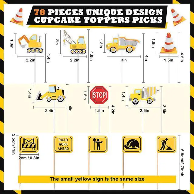 Alt view image 3 of 6 - 128 Construction Party Decoration, Include 50 Mini Novelty Disposable Plastic Shovel Shape Dessert Spoon, 28 Truck Cupcake Toppers, 50 Construction Sign Cake Toppers for Birthday Party Supplies