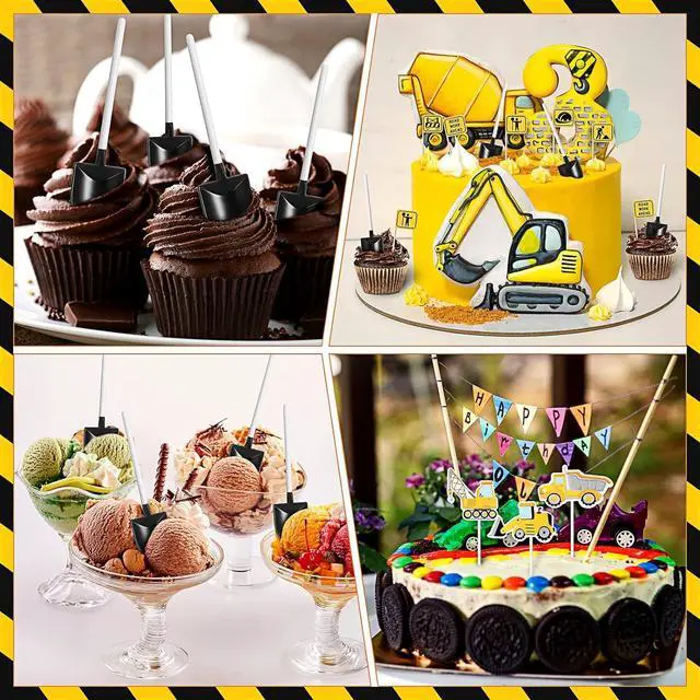 Alt view image 4 of 6 - 128 Construction Party Decoration, Include 50 Mini Novelty Disposable Plastic Shovel Shape Dessert Spoon, 28 Truck Cupcake Toppers, 50 Construction Sign Cake Toppers for Birthday Party Supplies