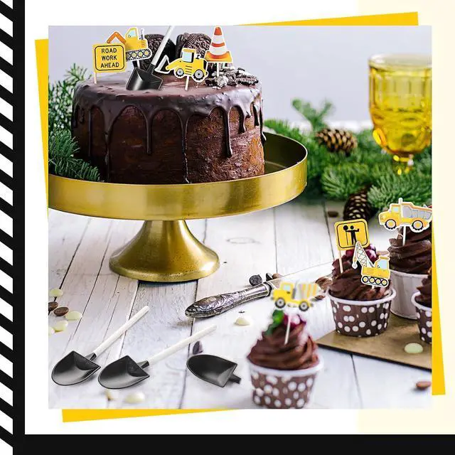 Alt view image 5 of 6 - 128 Construction Party Decoration, Include 50 Mini Novelty Disposable Plastic Shovel Shape Dessert Spoon, 28 Truck Cupcake Toppers, 50 Construction Sign Cake Toppers for Birthday Party Supplies