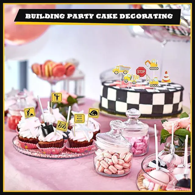Alt view image 6 of 6 - 128 Construction Party Decoration, Include 50 Mini Novelty Disposable Plastic Shovel Shape Dessert Spoon, 28 Truck Cupcake Toppers, 50 Construction Sign Cake Toppers for Birthday Party Supplies