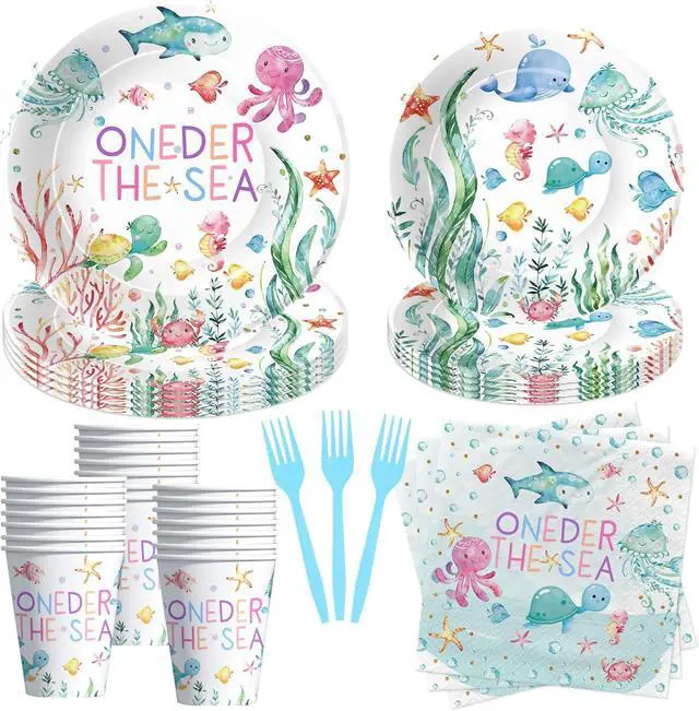 Main image of APOWBLS Under The Sea One Year Old Birthday Party Decorations Tableware, Ocean Oneder Sea 1st First Birthday Decorations Supplies, Paper Plate, Cup, Napkin, Fork | Serves 24