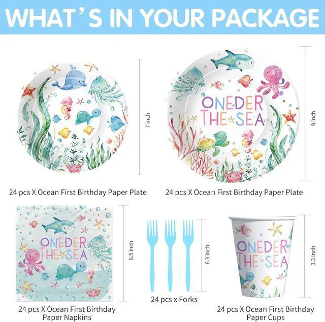 Alt view image 2 of 7 - APOWBLS Under The Sea One Year Old Birthday Party Decorations Tableware, Ocean Oneder Sea 1st First Birthday Decorations Supplies, Paper Plate, Cup, Napkin, Fork | Serves 24