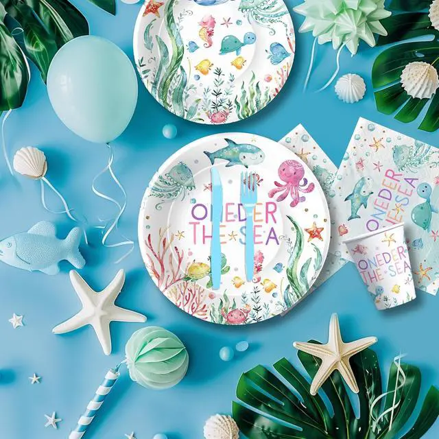 Alt view image 7 of 7 - APOWBLS Under The Sea One Year Old Birthday Party Decorations Tableware, Ocean Oneder Sea 1st First Birthday Decorations Supplies, Paper Plate, Cup, Napkin, Fork | Serves 24