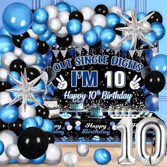 Main image of Navy Blue Black Out Single Digits Party Decor Happy 10th Birthday Decorations for Boys Blue Black Double Digits Birthday Banner Foil Balloon 10 Tablecloth 10 Years Old Bday Party Supplies