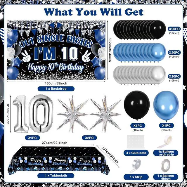 Alt view image 2 of 7 - Navy Blue Black Out Single Digits Party Decor Happy 10th Birthday Decorations for Boys Blue Black Double Digits Birthday Banner Foil Balloon 10 Tablecloth 10 Years Old Bday Party Supplies