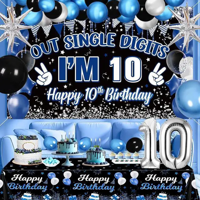 Alt view image 6 of 7 - Navy Blue Black Out Single Digits Party Decor Happy 10th Birthday Decorations for Boys Blue Black Double Digits Birthday Banner Foil Balloon 10 Tablecloth 10 Years Old Bday Party Supplies