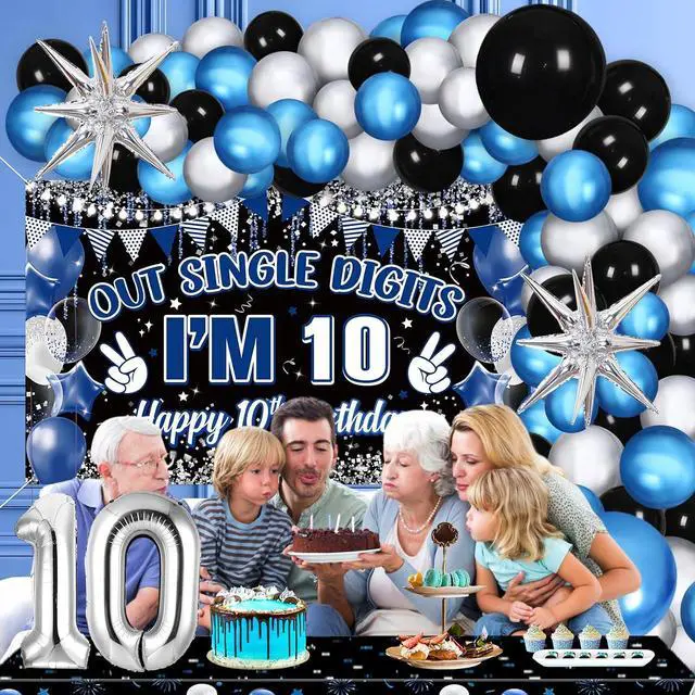 Alt view image 7 of 7 - Navy Blue Black Out Single Digits Party Decor Happy 10th Birthday Decorations for Boys Blue Black Double Digits Birthday Banner Foil Balloon 10 Tablecloth 10 Years Old Bday Party Supplies