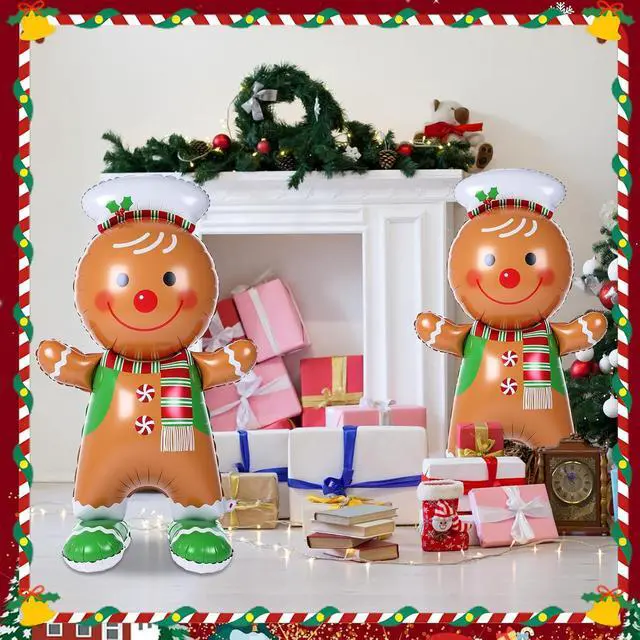 Alt view image 2 of 6 - Cinnvoice 2 Pcs 61 Inch Gingerbread Man Christmas Decorations Giant Christmas Foil Balloons with Base Standing Gingerbread Man Balloon Decorative Foil Xmas Ornaments for Holiday Party Supplies