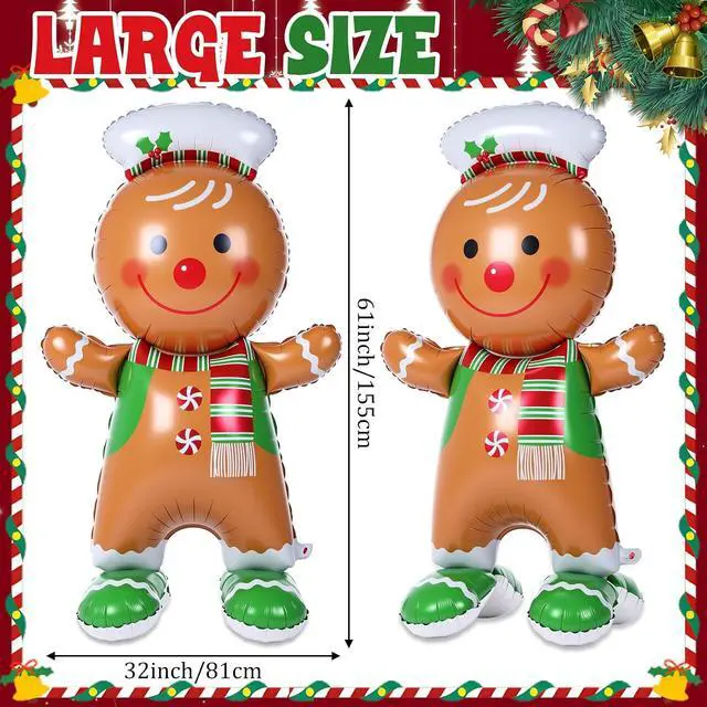 Alt view image 3 of 6 - Cinnvoice 2 Pcs 61 Inch Gingerbread Man Christmas Decorations Giant Christmas Foil Balloons with Base Standing Gingerbread Man Balloon Decorative Foil Xmas Ornaments for Holiday Party Supplies