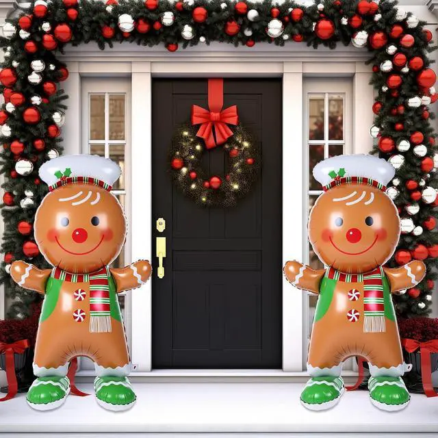 Alt view image 6 of 6 - Cinnvoice 2 Pcs 61 Inch Gingerbread Man Christmas Decorations Giant Christmas Foil Balloons with Base Standing Gingerbread Man Balloon Decorative Foil Xmas Ornaments for Holiday Party Supplies