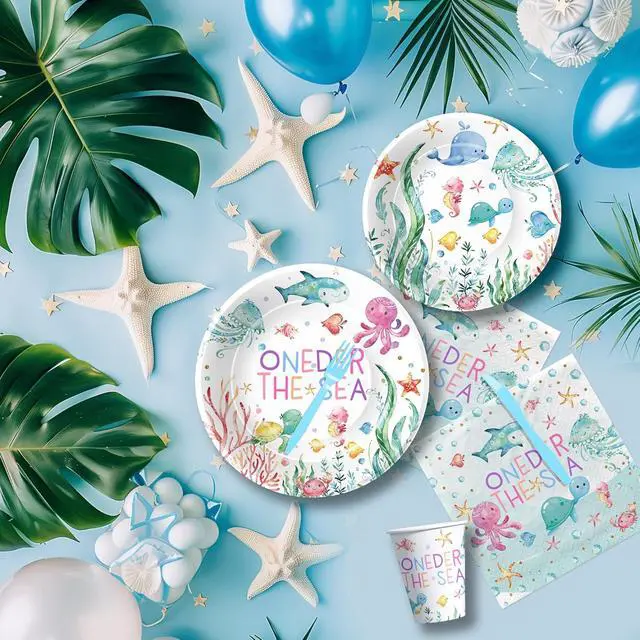 Alt view image 3 of 7 - APOWBLS Under The Sea One Year Old Birthday Party Decorations Tableware, Ocean Oneder Sea 1st First Birthday Decorations Supplies, Paper Plate, Cup, Napkin, Fork | Serves 24