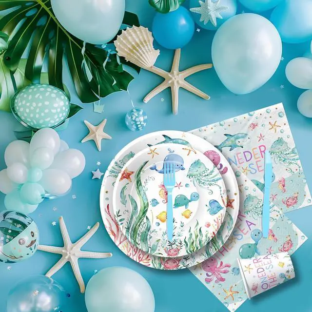 Alt view image 4 of 7 - APOWBLS Under The Sea One Year Old Birthday Party Decorations Tableware, Ocean Oneder Sea 1st First Birthday Decorations Supplies, Paper Plate, Cup, Napkin, Fork | Serves 24