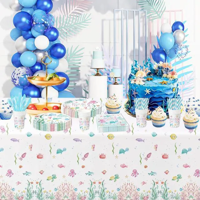 Alt view image 5 of 7 - APOWBLS Under The Sea One Year Old Birthday Party Decorations Tableware, Ocean Oneder Sea 1st First Birthday Decorations Supplies, Paper Plate, Cup, Napkin, Fork | Serves 24