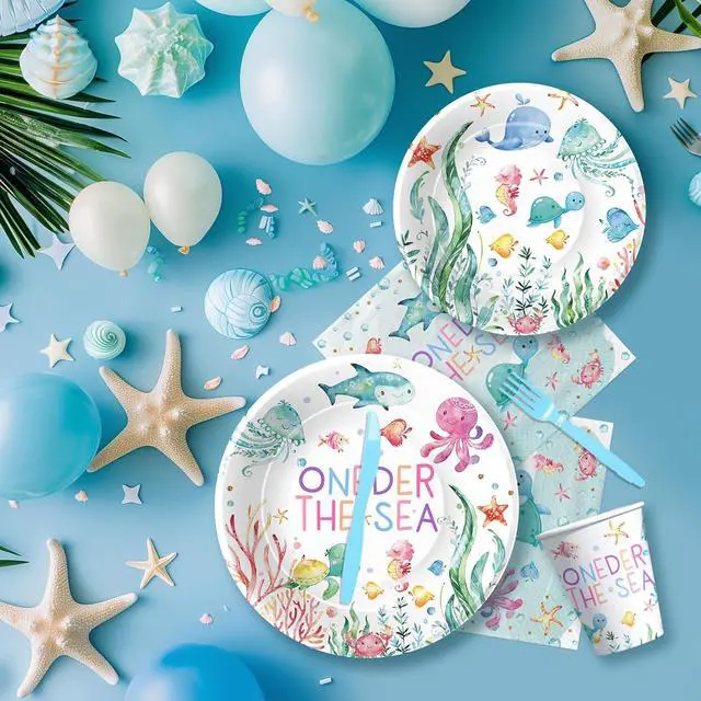 Alt view image 6 of 7 - APOWBLS Under The Sea One Year Old Birthday Party Decorations Tableware, Ocean Oneder Sea 1st First Birthday Decorations Supplies, Paper Plate, Cup, Napkin, Fork | Serves 24
