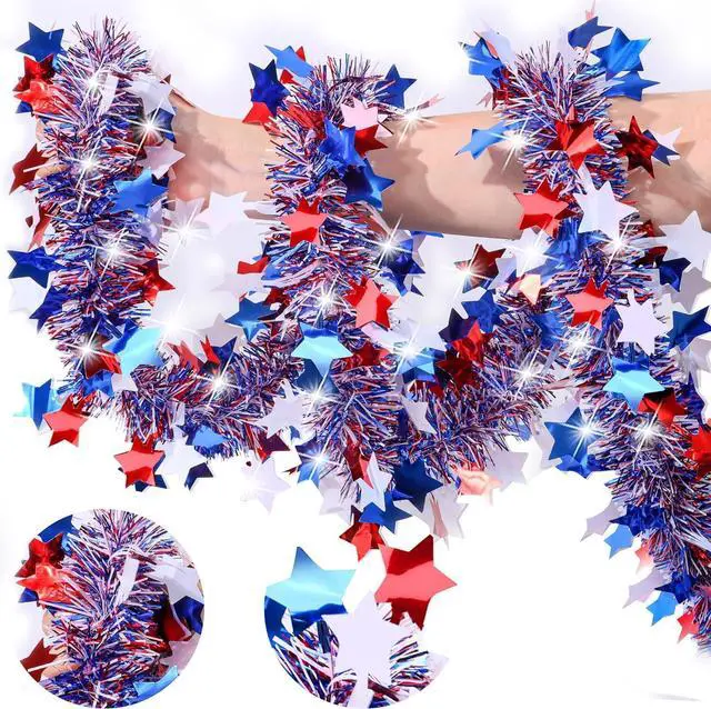 Main image of 50 FT Red White Blue Star Tinsel Garland, Patriotic Metallic Star Tinsel Decorations for 4th of July Decor Indoor Outdoor Memorial Day Independence Day Party Supplies, Home Yard & Parade Festival Deco