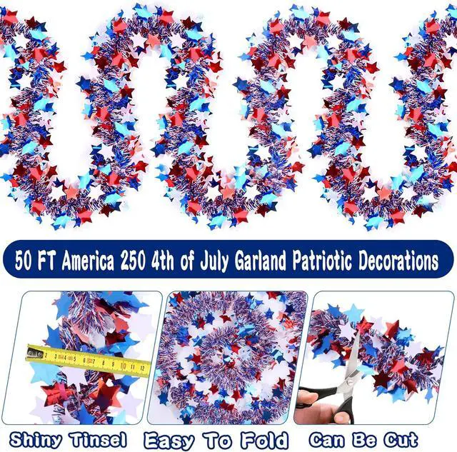 Alt view image 2 of 7 - 50 FT Red White Blue Star Tinsel Garland, Patriotic Metallic Star Tinsel Decorations for 4th of July Decor Indoor Outdoor Memorial Day Independence Day Party Supplies, Home Yard & Parade Festival Deco
