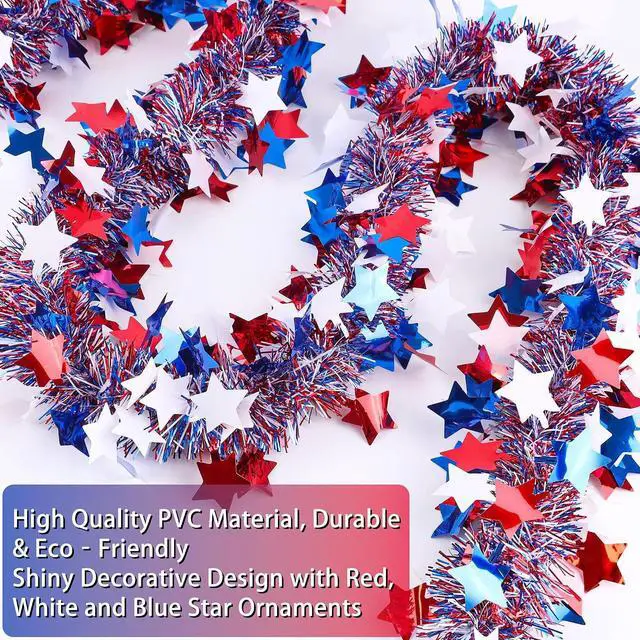 Alt view image 3 of 7 - 50 FT Red White Blue Star Tinsel Garland, Patriotic Metallic Star Tinsel Decorations for 4th of July Decor Indoor Outdoor Memorial Day Independence Day Party Supplies, Home Yard & Parade Festival Deco