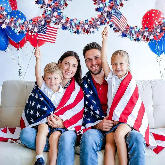 Alt view image 5 of 7 - 50 FT Red White Blue Star Tinsel Garland, Patriotic Metallic Star Tinsel Decorations for 4th of July Decor Indoor Outdoor Memorial Day Independence Day Party Supplies, Home Yard & Parade Festival Deco