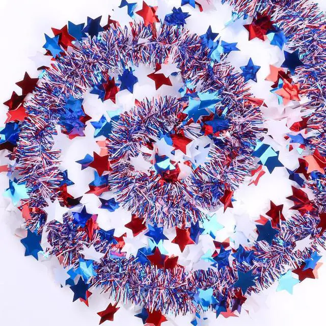 Alt view image 4 of 7 - 50 FT Red White Blue Star Tinsel Garland, Patriotic Metallic Star Tinsel Decorations for 4th of July Decor Indoor Outdoor Memorial Day Independence Day Party Supplies, Home Yard & Parade Festival Deco