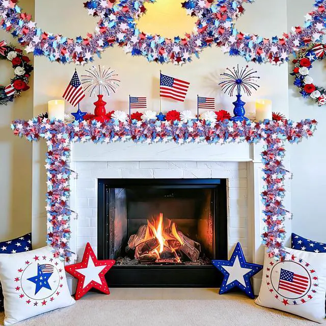 Alt view image 6 of 7 - 50 FT Red White Blue Star Tinsel Garland, Patriotic Metallic Star Tinsel Decorations for 4th of July Decor Indoor Outdoor Memorial Day Independence Day Party Supplies, Home Yard & Parade Festival Deco