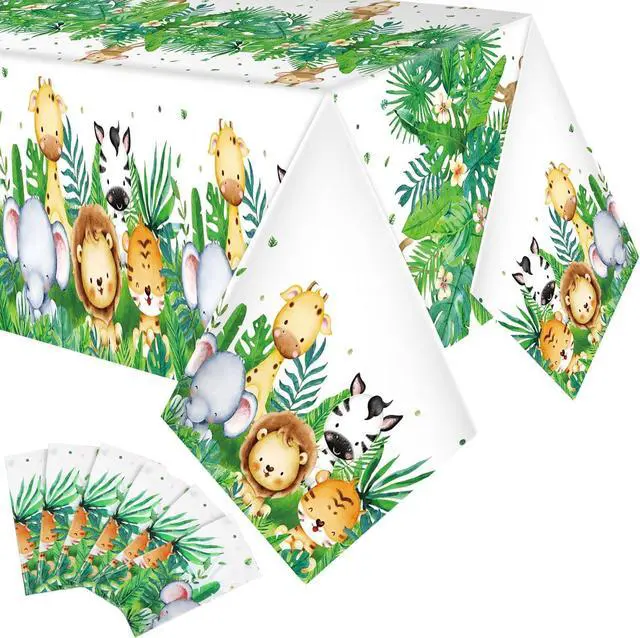 Main image of Peryiter Jungle Safari Animals Tablecloth Plastic Wild One Table Cover 54 ×108 Inch Sage Green Tablecloth Safari Theme Decorations for Baby Boys Jungle Birthday Party Supplies(6 Pcs)