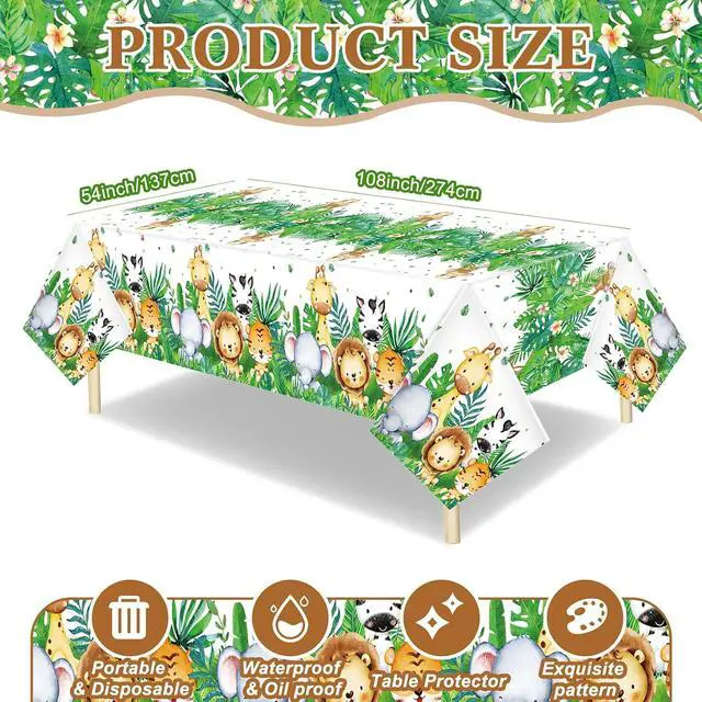 Alt view image 3 of 7 - Peryiter Jungle Safari Animals Tablecloth Plastic Wild One Table Cover 54 ×108 Inch Sage Green Tablecloth Safari Theme Decorations for Baby Boys Jungle Birthday Party Supplies(6 Pcs)