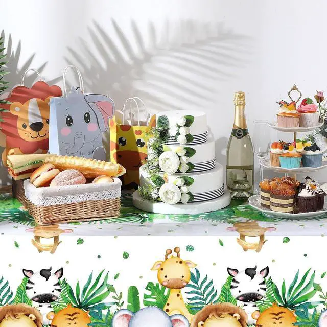 Alt view image 4 of 7 - Peryiter Jungle Safari Animals Tablecloth Plastic Wild One Table Cover 54 ×108 Inch Sage Green Tablecloth Safari Theme Decorations for Baby Boys Jungle Birthday Party Supplies(6 Pcs)