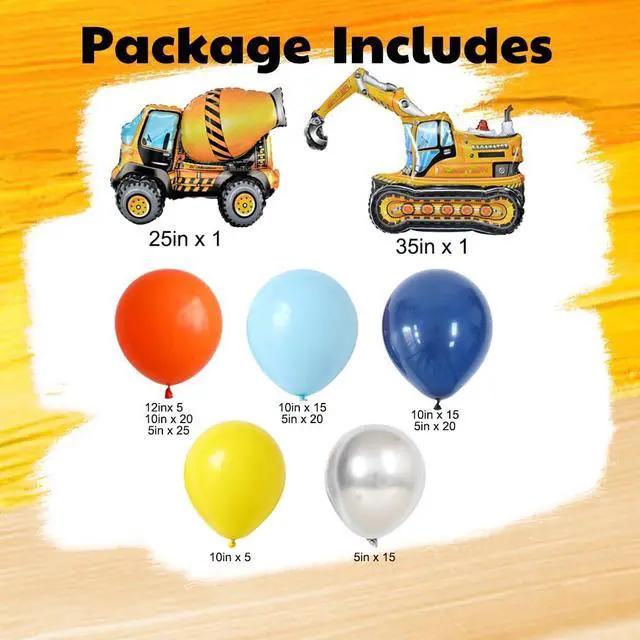 Alt view image 2 of 7 - Construction Birthday Party Supplies 145PCS Construction Balloons Arch Kit Yellow Blue Construction Themed Party Decorations for Boys 3rd Large Self Standing 4D Excavator Mixer Truck Foil Balloons