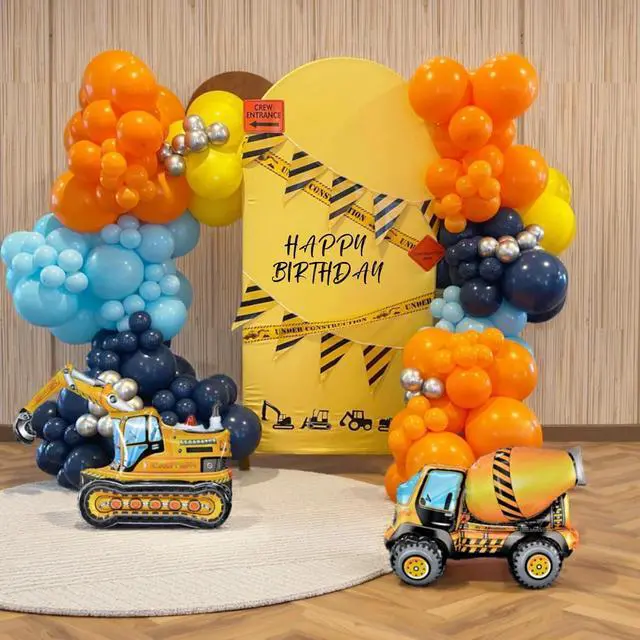 Alt view image 5 of 7 - Construction Birthday Party Supplies 145PCS Construction Balloons Arch Kit Yellow Blue Construction Themed Party Decorations for Boys 3rd Large Self Standing 4D Excavator Mixer Truck Foil Balloons