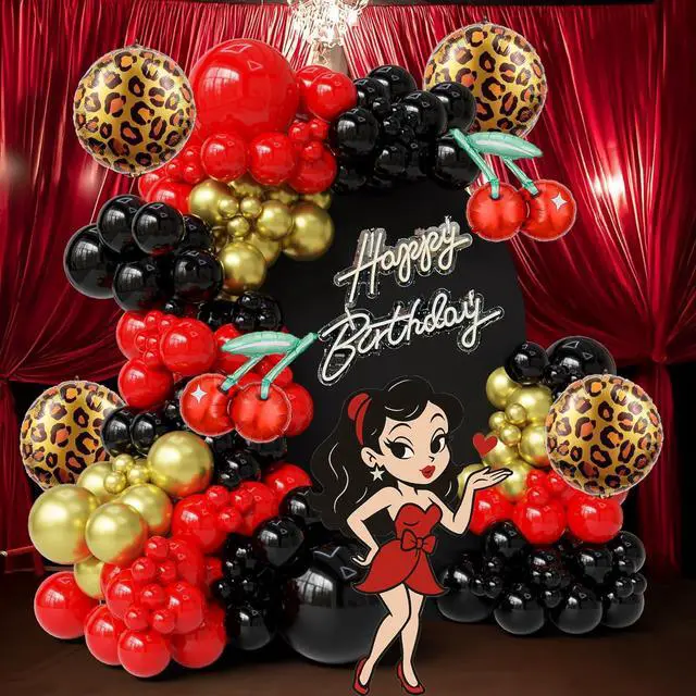 Main image of PartyXpress 152PCS Cheetah Balloon Arch Garland Kit with Black Red Gold Leopard Print Cherry Balloons for Cheetah Birthday Decorations, Leopard Party Decor, Cherry Theme, Girls Night, Bachelorette