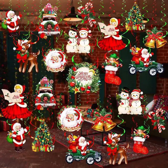 Main image of Sumind 30 Pcs Christmas Santa Claus Ceiling Hanging Decorations Merry Christmas Swirl Decorations Ceiling Hanging Decor Set Vintage Snowman Elk Ornaments for Xmas Winter Holiday Party Eve Supplies
