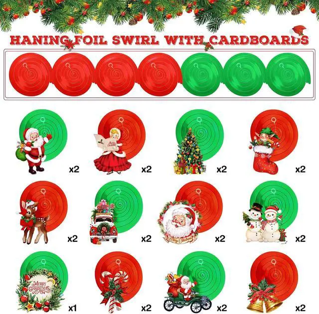 Alt view image 2 of 6 - Sumind 30 Pcs Christmas Santa Claus Ceiling Hanging Decorations Merry Christmas Swirl Decorations Ceiling Hanging Decor Set Vintage Snowman Elk Ornaments for Xmas Winter Holiday Party Eve Supplies