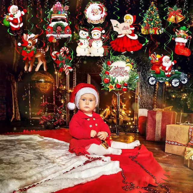 Alt view image 5 of 6 - Sumind 30 Pcs Christmas Santa Claus Ceiling Hanging Decorations Merry Christmas Swirl Decorations Ceiling Hanging Decor Set Vintage Snowman Elk Ornaments for Xmas Winter Holiday Party Eve Supplies