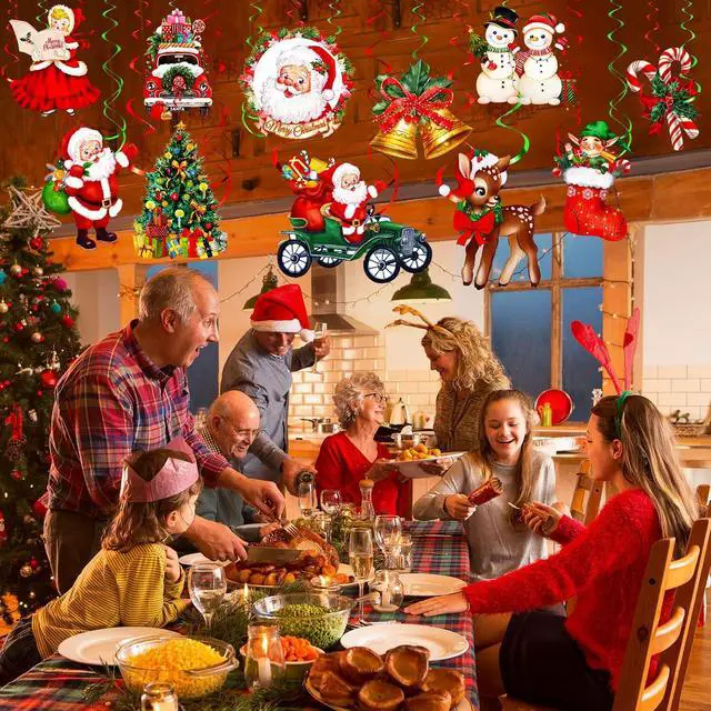 Alt view image 6 of 6 - Sumind 30 Pcs Christmas Santa Claus Ceiling Hanging Decorations Merry Christmas Swirl Decorations Ceiling Hanging Decor Set Vintage Snowman Elk Ornaments for Xmas Winter Holiday Party Eve Supplies