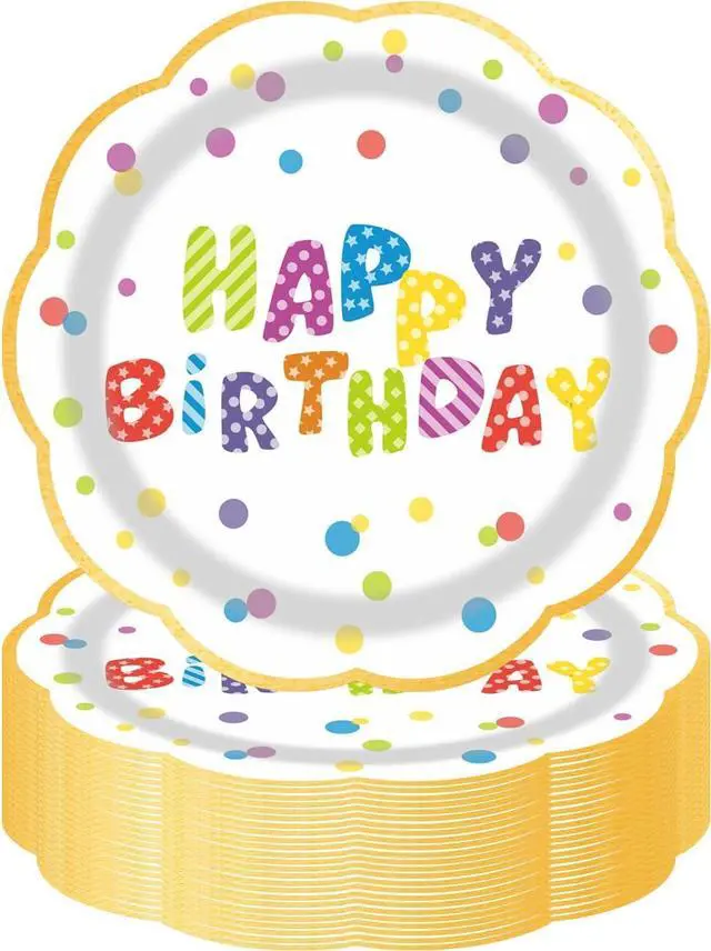 Main image of 7inch White and Gold Happy Birthday Paper Plates 50 pcs Party Decorations Rainbow Cake Dessert Plates Disposable Dinnerware Tableware for Birthday Party Supplies