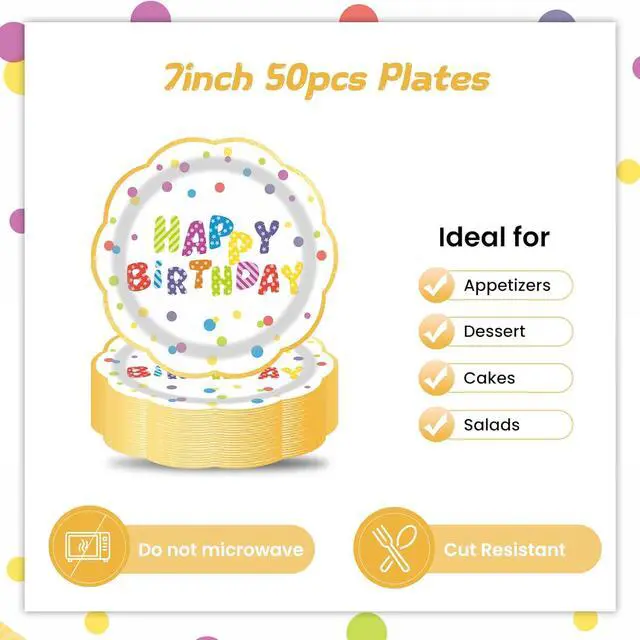 Alt view image 3 of 7 - 7inch White and Gold Happy Birthday Paper Plates 50 pcs Party Decorations Rainbow Cake Dessert Plates Disposable Dinnerware Tableware for Birthday Party Supplies