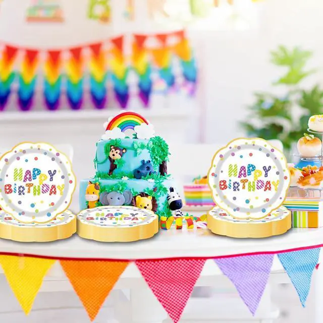 Alt view image 2 of 7 - 7inch White and Gold Happy Birthday Paper Plates 50 pcs Party Decorations Rainbow Cake Dessert Plates Disposable Dinnerware Tableware for Birthday Party Supplies