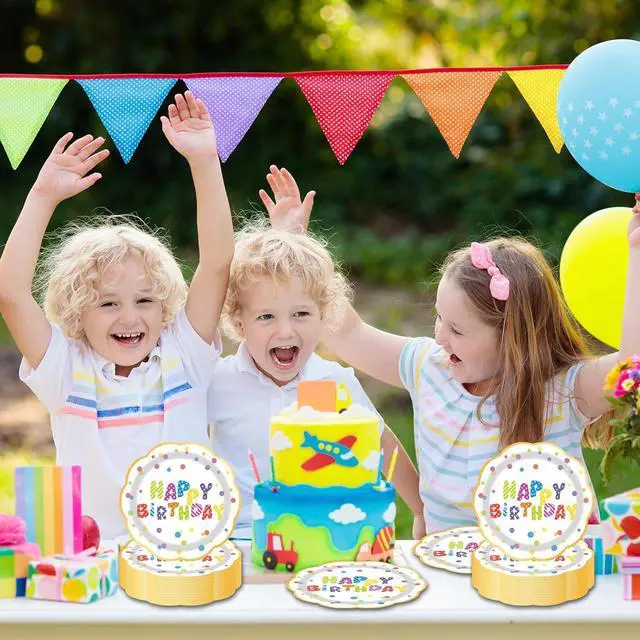 Alt view image 4 of 7 - 7inch White and Gold Happy Birthday Paper Plates 50 pcs Party Decorations Rainbow Cake Dessert Plates Disposable Dinnerware Tableware for Birthday Party Supplies