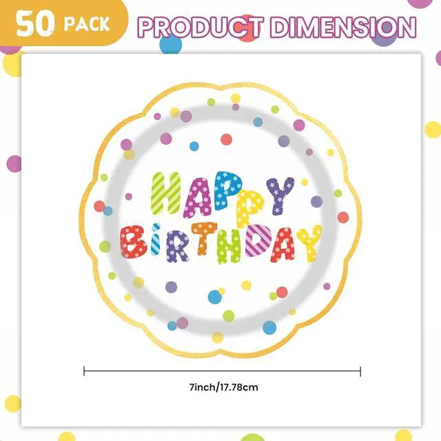 Alt view image 5 of 7 - 7inch White and Gold Happy Birthday Paper Plates 50 pcs Party Decorations Rainbow Cake Dessert Plates Disposable Dinnerware Tableware for Birthday Party Supplies