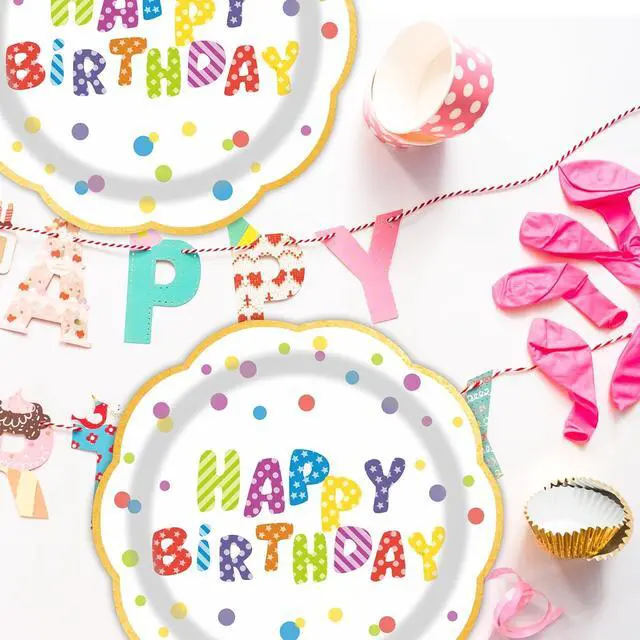Alt view image 6 of 7 - 7inch White and Gold Happy Birthday Paper Plates 50 pcs Party Decorations Rainbow Cake Dessert Plates Disposable Dinnerware Tableware for Birthday Party Supplies