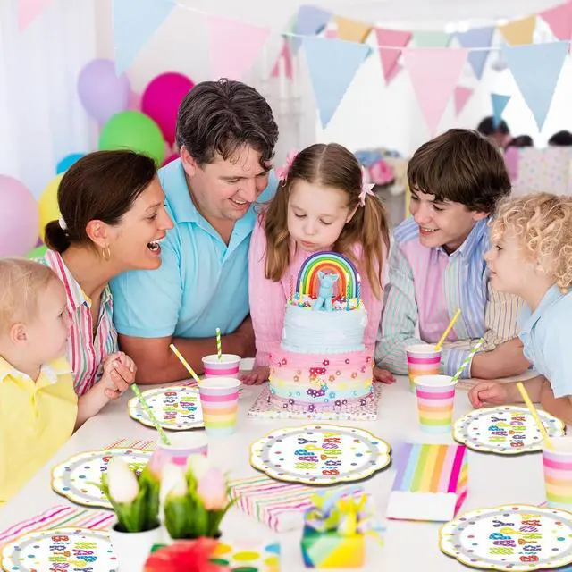 Alt view image 7 of 7 - 7inch White and Gold Happy Birthday Paper Plates 50 pcs Party Decorations Rainbow Cake Dessert Plates Disposable Dinnerware Tableware for Birthday Party Supplies