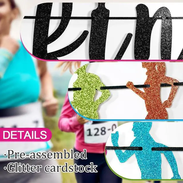 Alt view image 3 of 7 - FOZEE Find Your Happy Pace Banner, Runner Party Decor, Running Race Glitter Banner, Marathon Party Decorations, Black Glitter