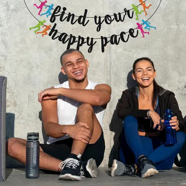 Alt view image 6 of 7 - FOZEE Find Your Happy Pace Banner, Runner Party Decor, Running Race Glitter Banner, Marathon Party Decorations, Black Glitter