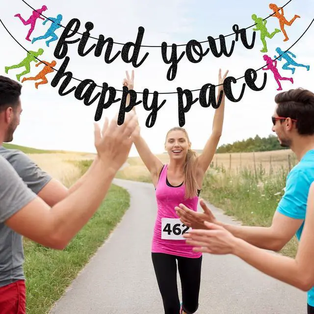 Alt view image 7 of 7 - FOZEE Find Your Happy Pace Banner, Runner Party Decor, Running Race Glitter Banner, Marathon Party Decorations, Black Glitter