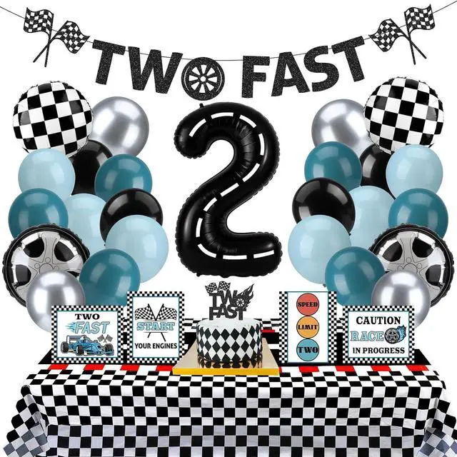 Main image of Two Fast Birthday Decor, Race Car Party Supplies Baby Boy 2nd Birthday Decorations Racing Car Party Signs Cake Toppers Foil Balloons Banner Tablecloth Decorations for Boy,Blue