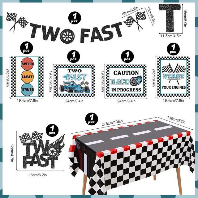 Alt view image 2 of 7 - Two Fast Birthday Decor, Race Car Party Supplies Baby Boy 2nd Birthday Decorations Racing Car Party Signs Cake Toppers Foil Balloons Banner Tablecloth Decorations for Boy,Blue