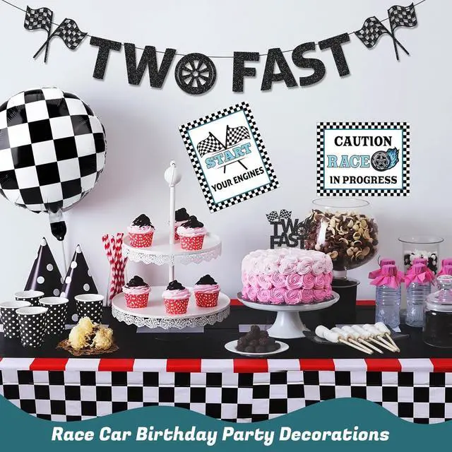 Alt view image 5 of 7 - Two Fast Birthday Decor, Race Car Party Supplies Baby Boy 2nd Birthday Decorations Racing Car Party Signs Cake Toppers Foil Balloons Banner Tablecloth Decorations for Boy,Blue